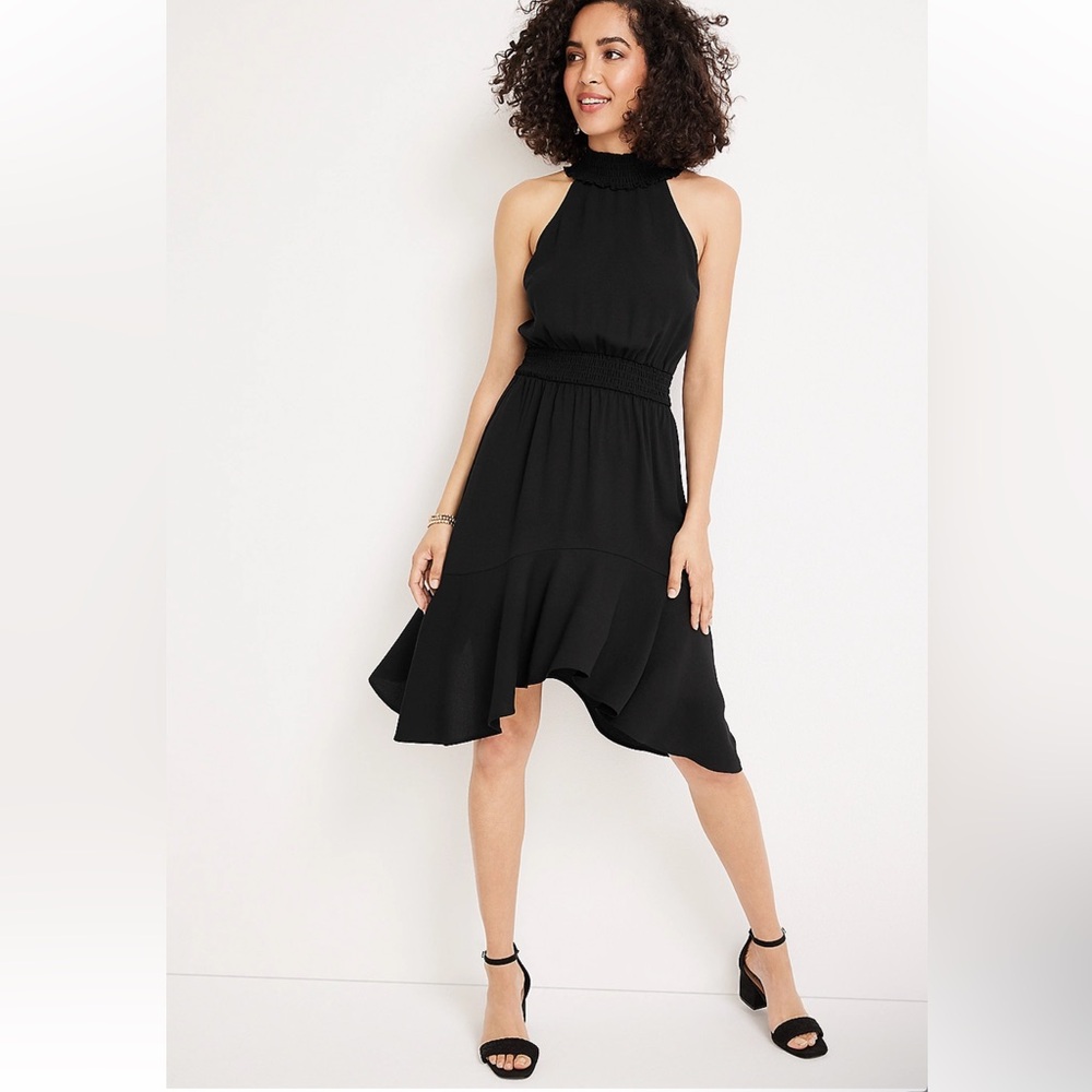 Maurices NWT Smocked Mini Dress Women’s Size Small Black Mock Neck Asymmetric